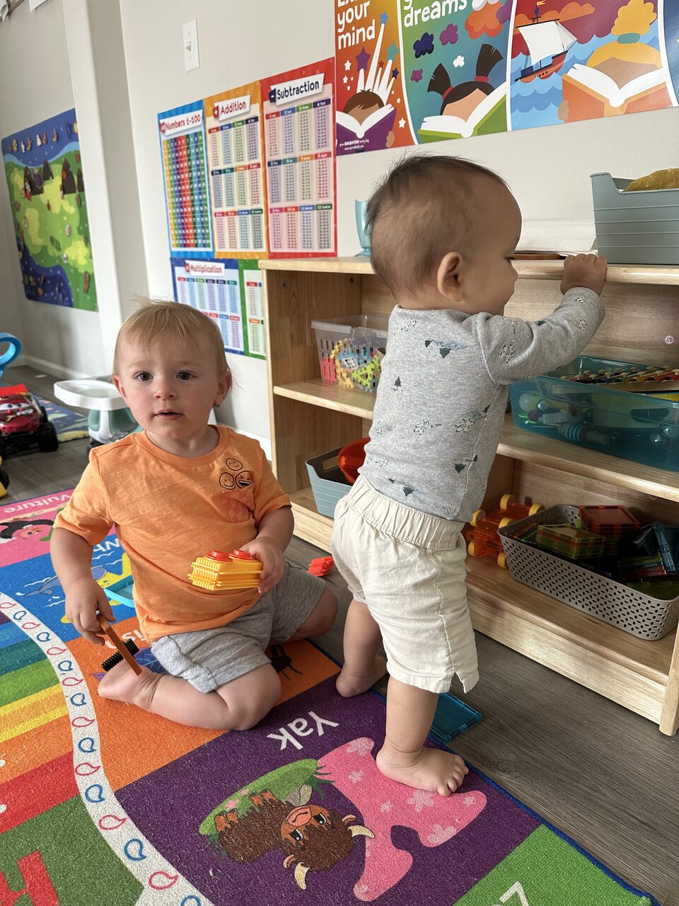 Two toddlers at a low wooden shelf of baskets holding magnetic tiles and toys, on a rainbow rug under alphabet and number posters